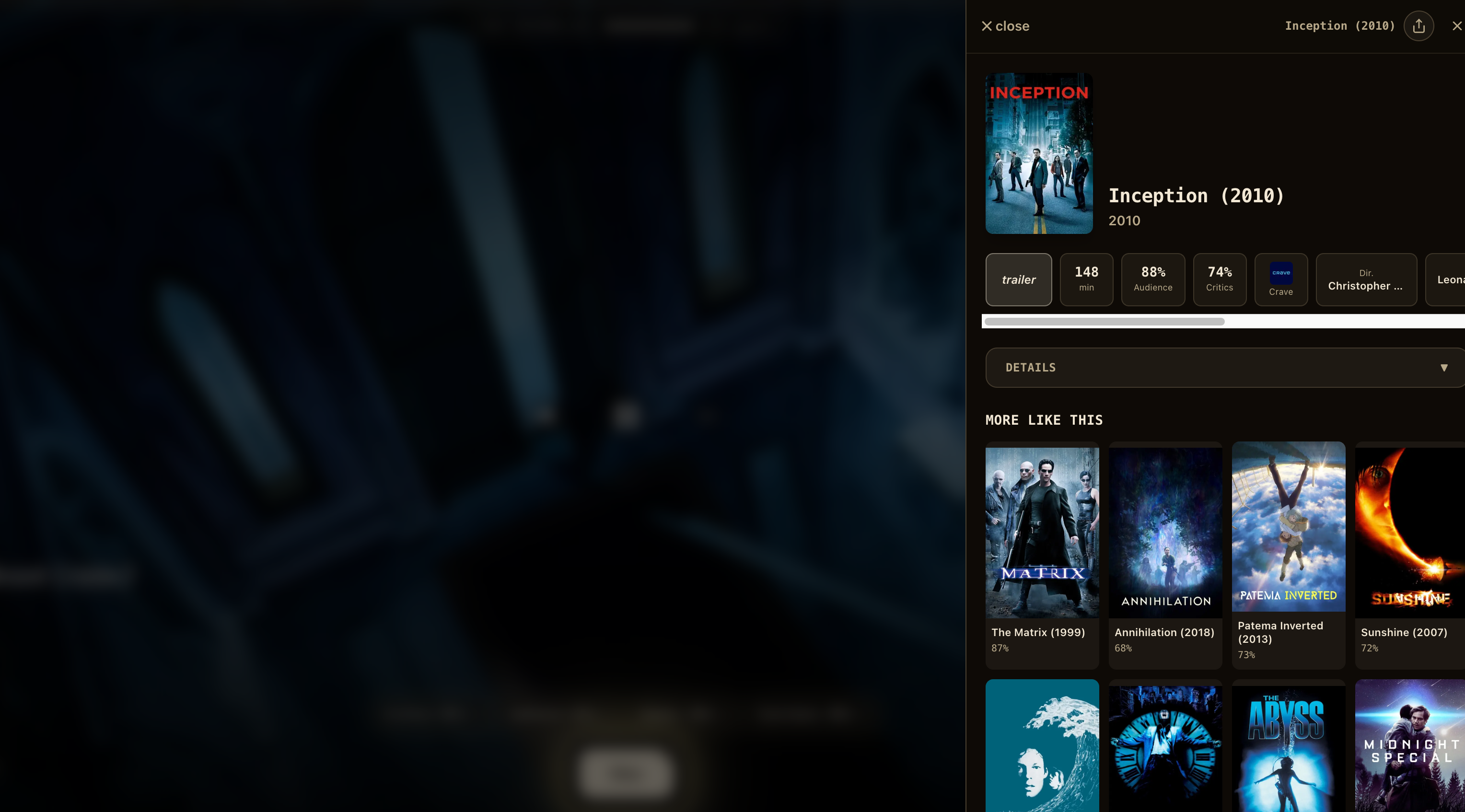 Cinemap web detail panel — ratings, streaming, and a More Like This rail powered by nearest-neighbor search